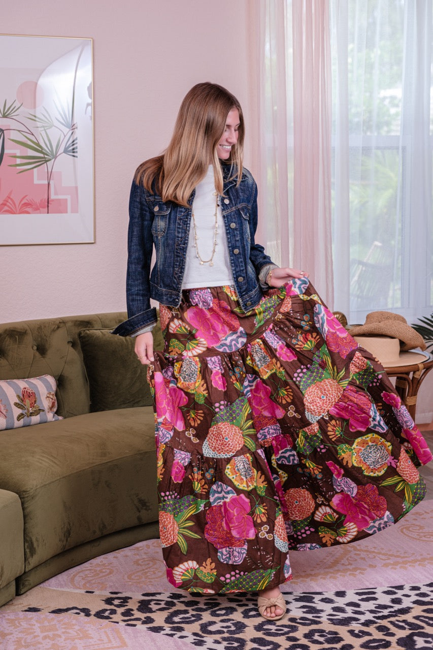 Boho Skirt Floral Cocoa Brown Just Darviny