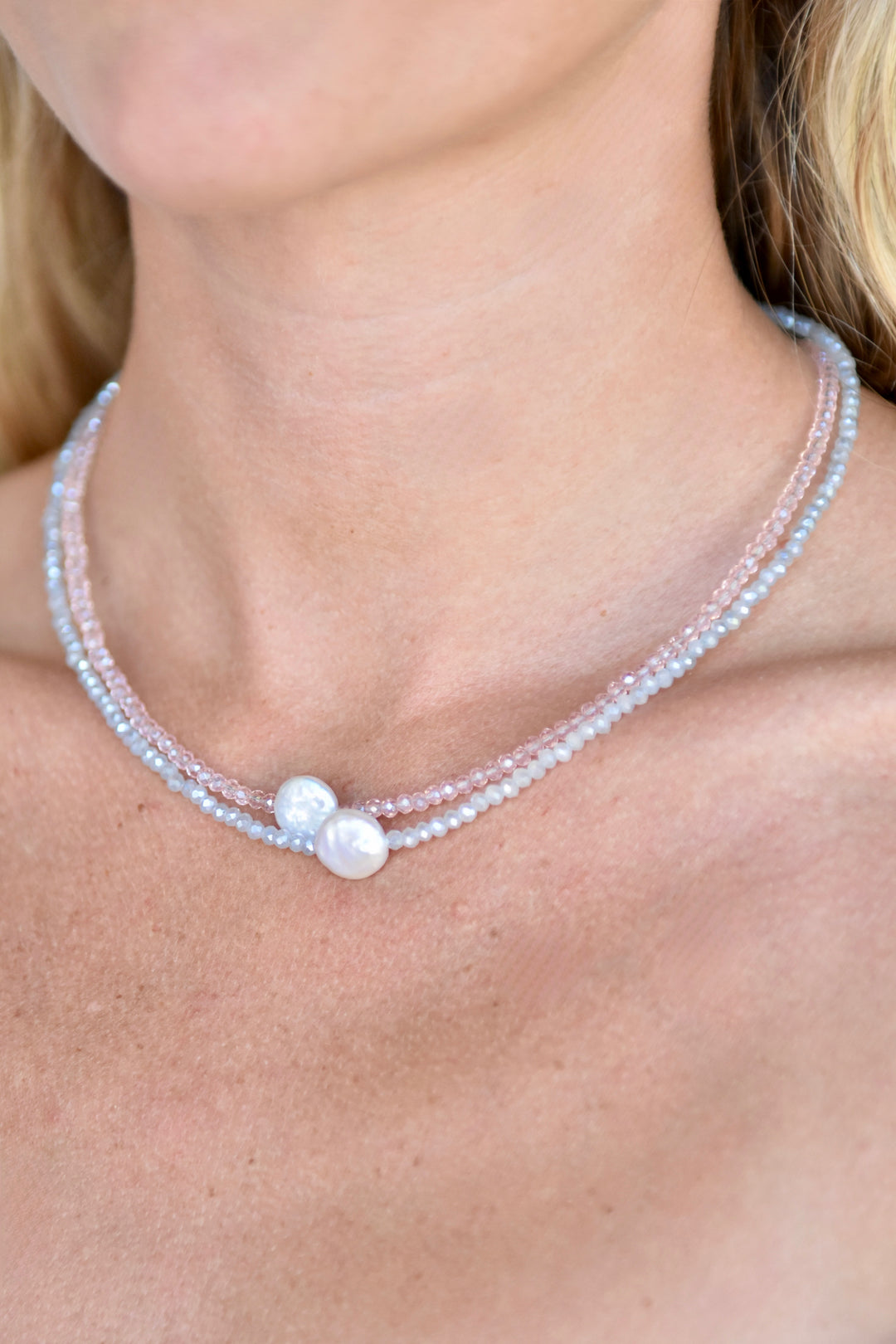 Crystal Choker with Coin Pearl Pale Blue