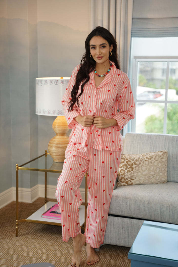 Long Pajama Set Pink Hearts