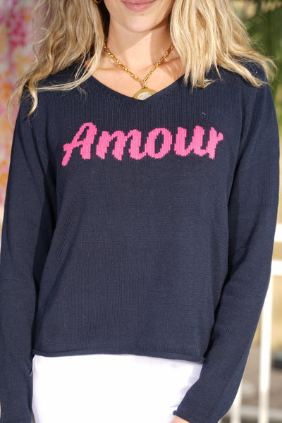 Amour Vneck Sweater Navy with Hot Pink