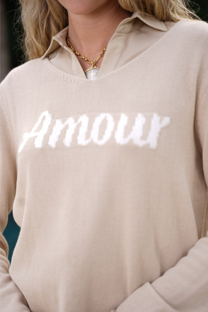 Amour Vneck Sweater Oatmeal with Soft White