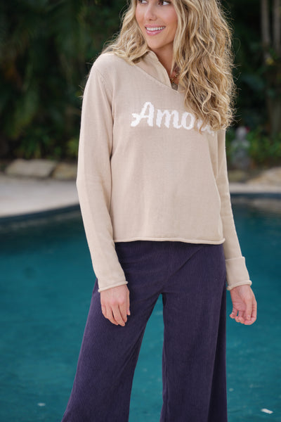 Amour Vneck Sweater Oatmeal with Soft White