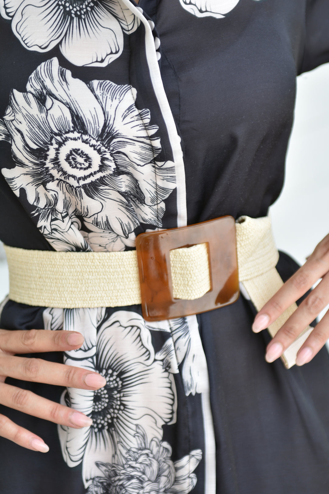 Lucite Square Buckle Raffia Belt Ivory