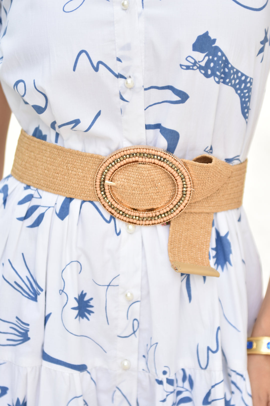 Beaded Buckle Raffia Belt Natural