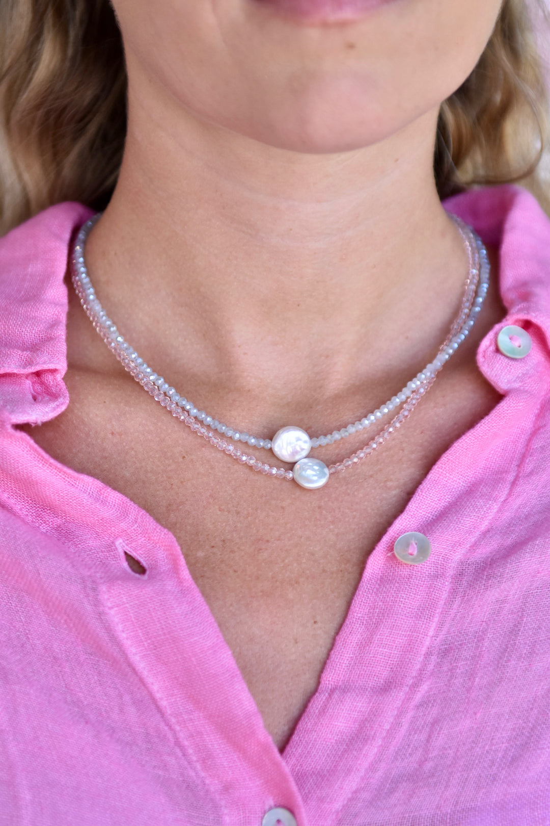 Crystal Choker with Coin Pearl Pale Blue