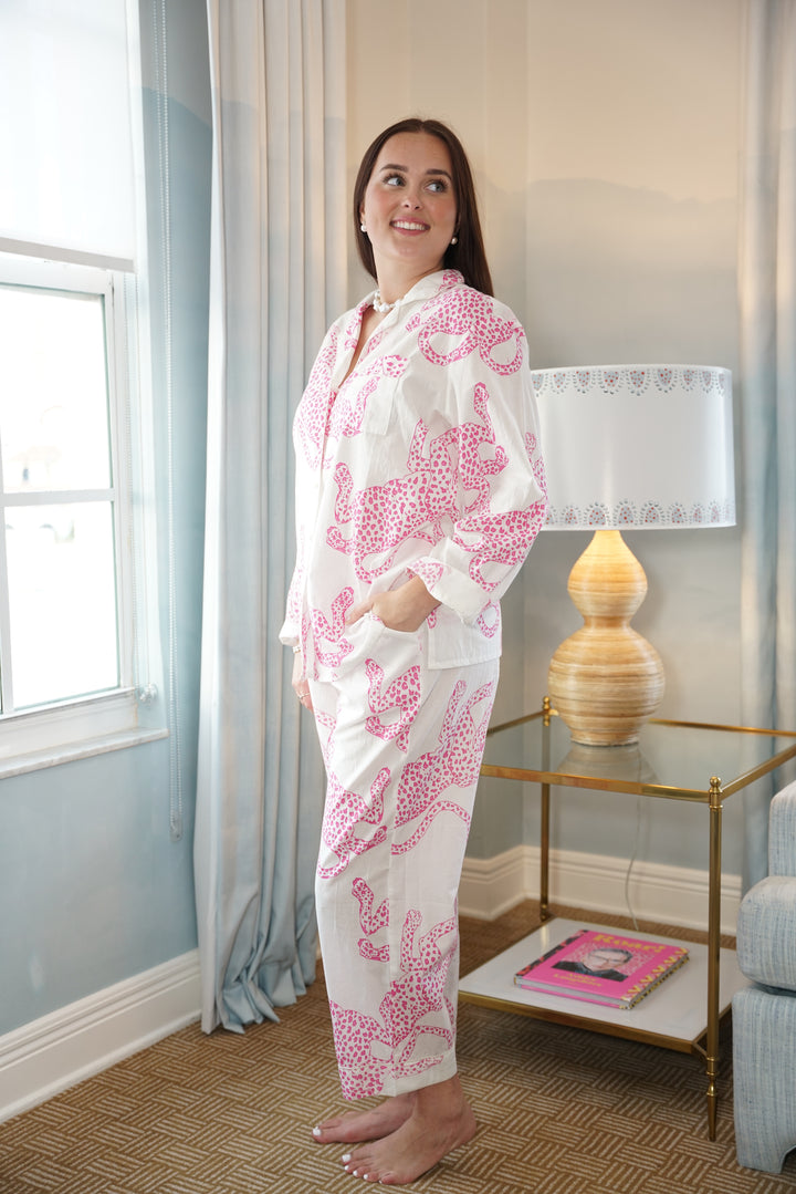 Long Pajama Set Cheetah Pink