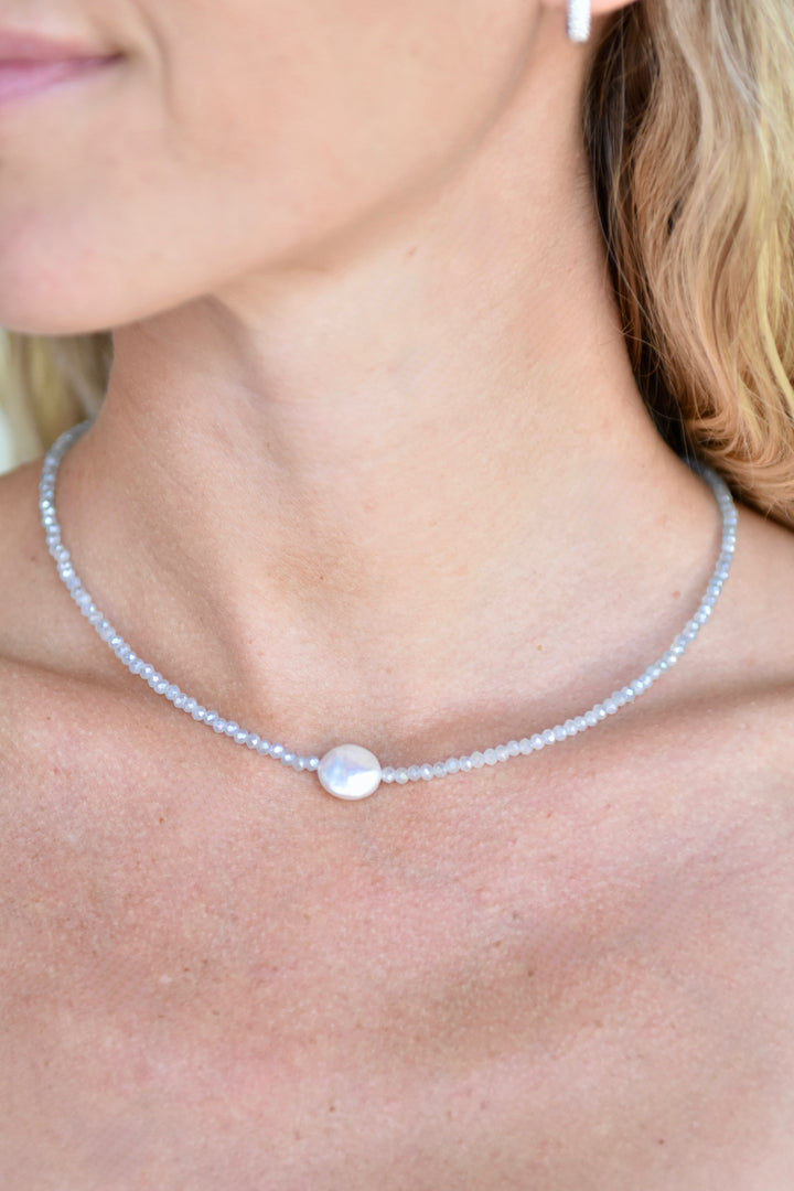 Crystal Choker with Coin Pearl Pale Blue