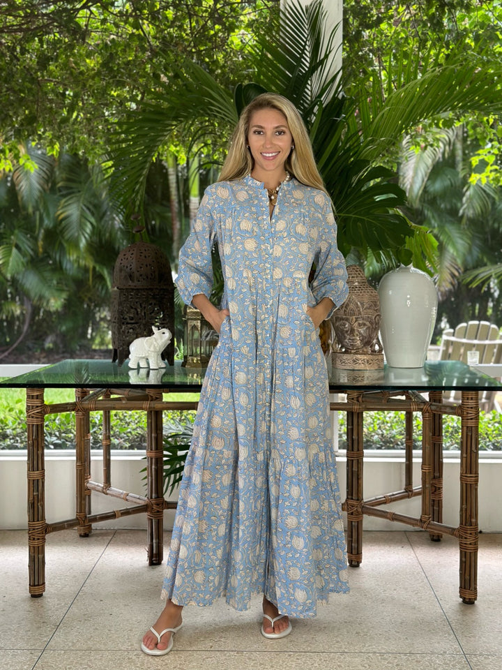 Boho Summer Long Dress Lotus Flower French Blue