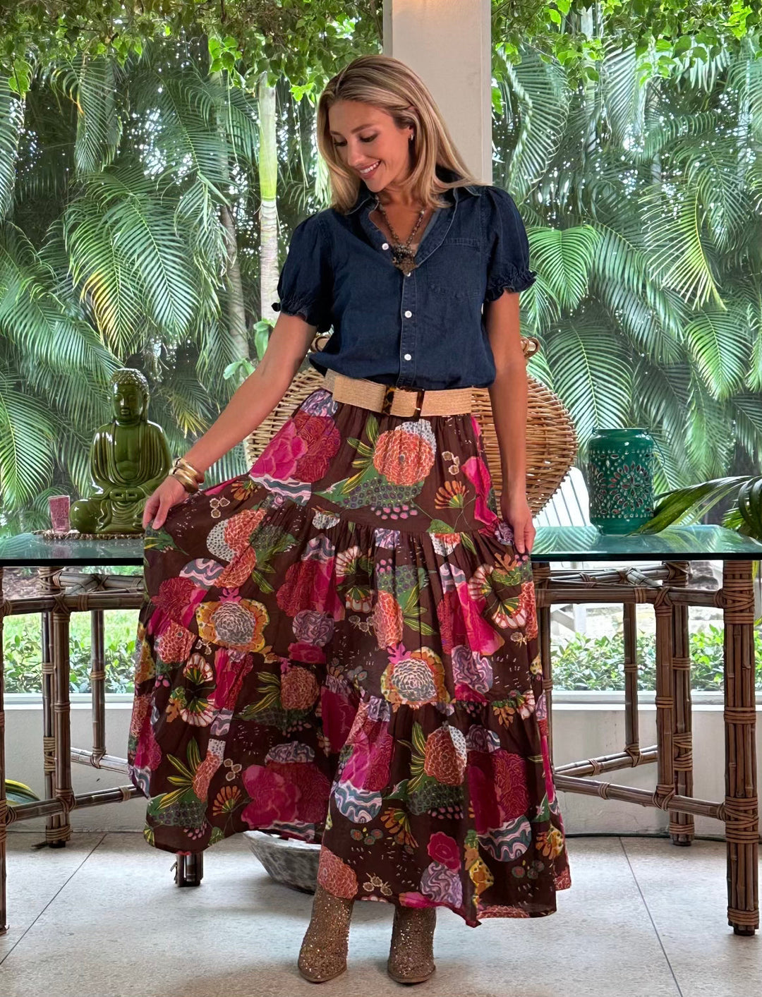 Boho Long Skirt Floral Cocoa Brown