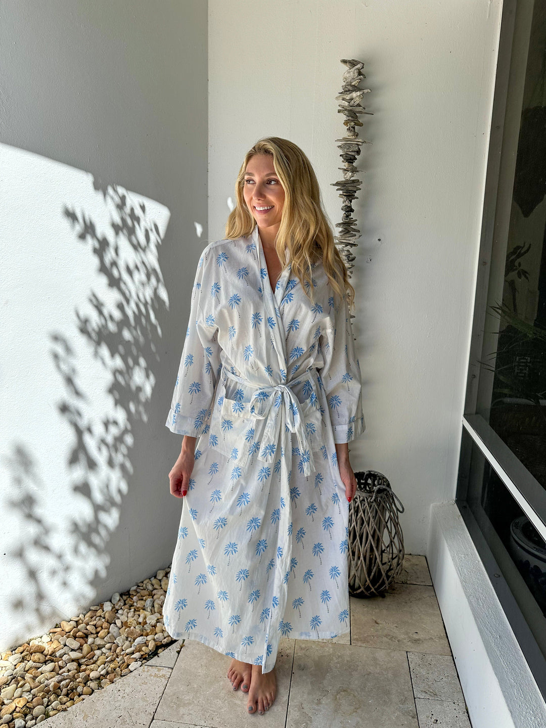 Palm Print Long Kimono Robe