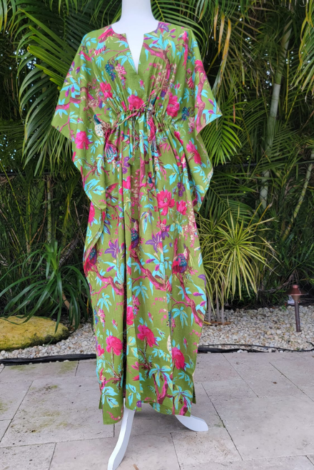 Kaftan - Green with Pink Floral