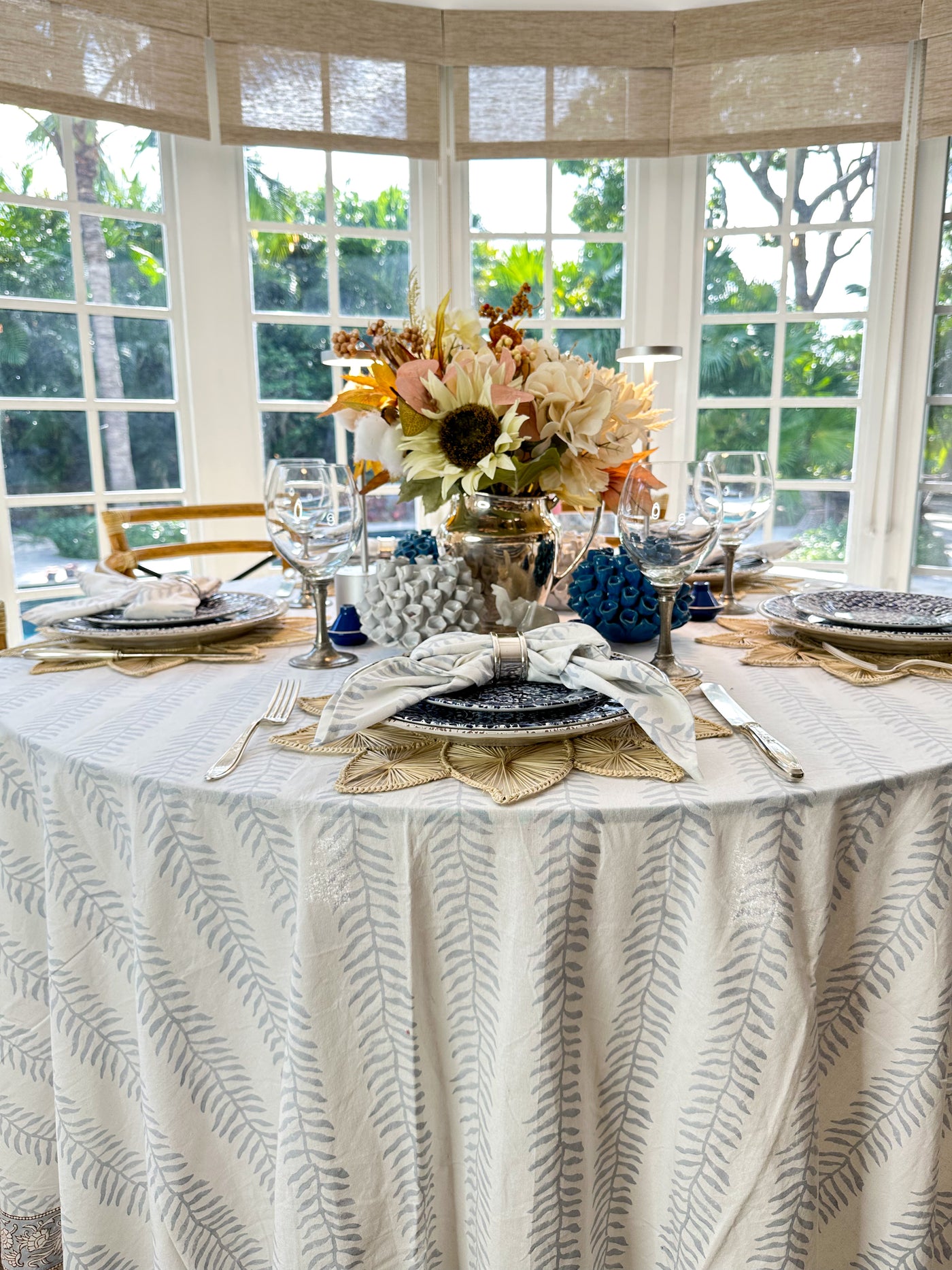 The Silver/Blue Trellis Tablecloth