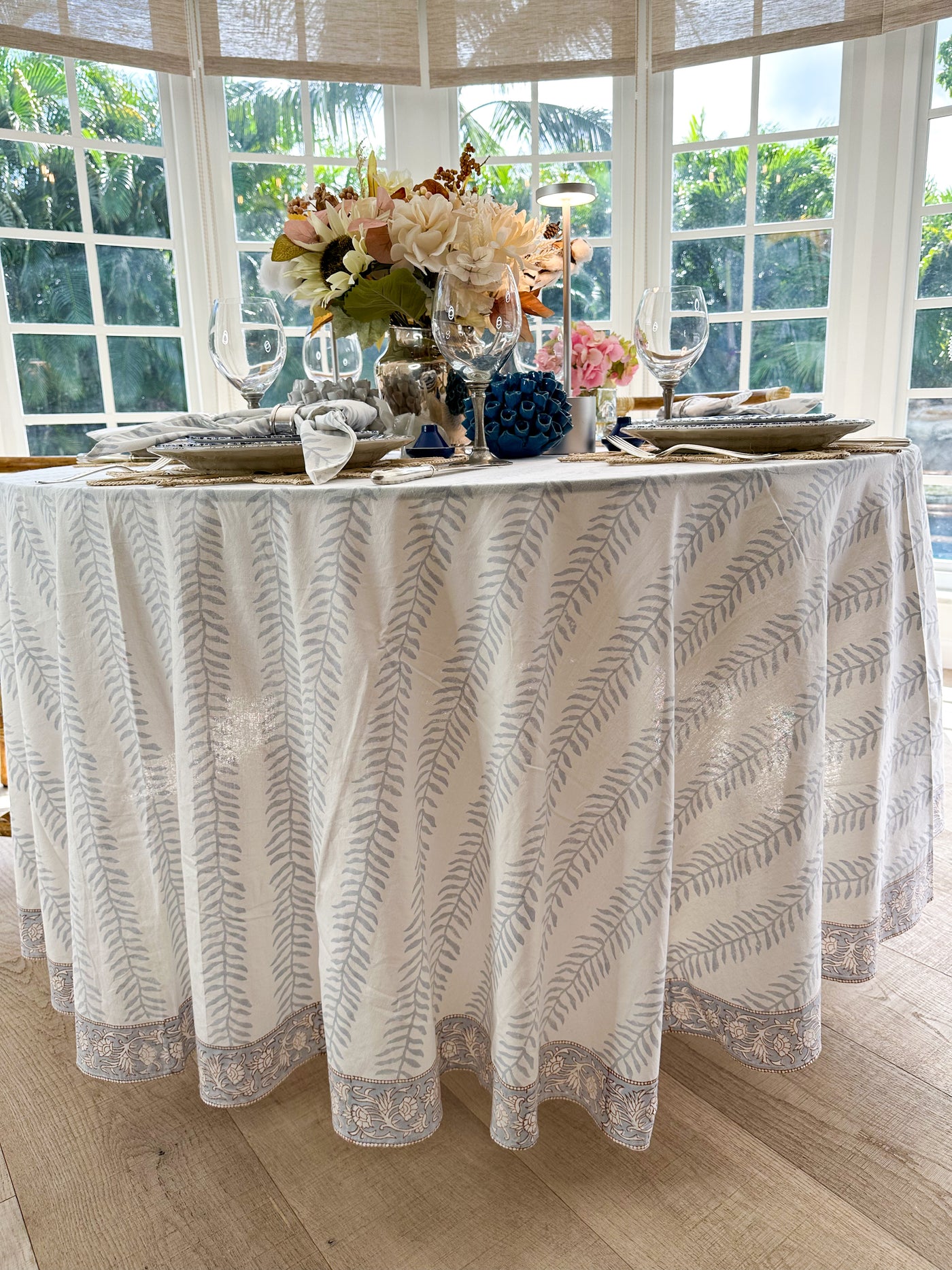 The Silver/Blue Trellis Tablecloth